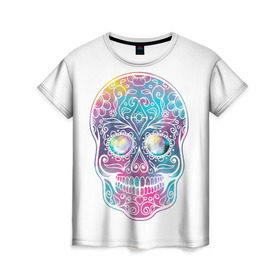 Женская футболка 3D с принтом Цветной череп с узорами в Кировске, 100% полиэфир ( синтетическое хлопкоподобное полотно) | прямой крой, круглый вырез горловины, длина до линии бедер | кости | скелет | узор | цветной | череп