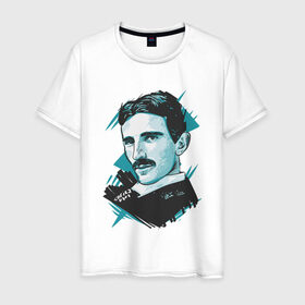 Мужская футболка хлопок с принтом Тесла в Кировске, 100% хлопок | прямой крой, круглый вырез горловины, длина до линии бедер, слегка спущенное плечо. | графика | никола тесла | портрет | электричество