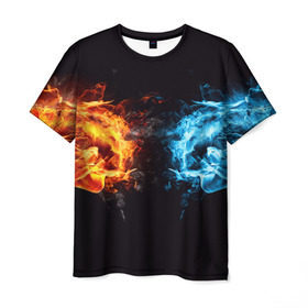 Мужская футболка 3D с принтом Лёд и пламя в Кировске, 100% полиэфир | прямой крой, круглый вырез горловины, длина до линии бедер | вода | красный | лёд и пламя | огонь | руки | синий | столкновение | удар