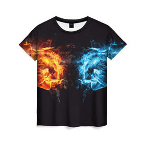 Женская футболка 3D с принтом Лёд и пламя в Кировске, 100% полиэфир ( синтетическое хлопкоподобное полотно) | прямой крой, круглый вырез горловины, длина до линии бедер | Тематика изображения на принте: вода | красный | лёд и пламя | огонь | руки | синий | столкновение | удар