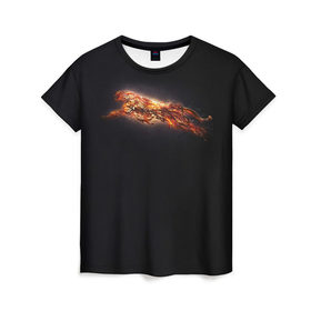 Женская футболка 3D с принтом Ягуар в Кировске, 100% полиэфир ( синтетическое хлопкоподобное полотно) | прямой крой, круглый вырез горловины, длина до линии бедер | бег | желтый | кот | кошка | красный | огненный | прыжок | свет | светящийся | темный | черный | ягуар | яркое