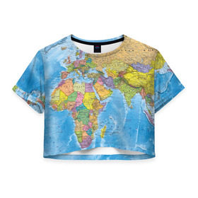 Женская футболка 3D укороченная с принтом Карта в Кировске, 100% полиэстер | круглая горловина, длина футболки до линии талии, рукава с отворотами | map | world | глобус | мир | россия
