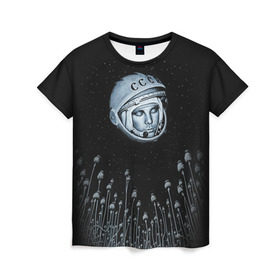 Женская футболка 3D с принтом Гагарин 7 в Кировске, 100% полиэфир ( синтетическое хлопкоподобное полотно) | прямой крой, круглый вырез горловины, длина до линии бедер | 12 апреля | гагарин | день космонавтики | космонавт | космонавтика | космос | юра | юрий