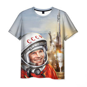 Мужская футболка 3D с принтом Гагарин 8 в Кировске, 100% полиэфир | прямой крой, круглый вырез горловины, длина до линии бедер | 12 апреля | гагарин | день космонавтики | космонавт | космонавтика | космос | юра | юрий