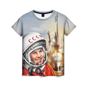 Женская футболка 3D с принтом Гагарин 8 в Кировске, 100% полиэфир ( синтетическое хлопкоподобное полотно) | прямой крой, круглый вырез горловины, длина до линии бедер | 12 апреля | гагарин | день космонавтики | космонавт | космонавтика | космос | юра | юрий