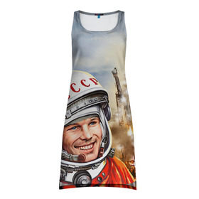Платье-майка 3D с принтом Гагарин 8 в Кировске, 100% полиэстер | полуприлегающий силуэт, широкие бретели, круглый вырез горловины, удлиненный подол сзади. | 12 апреля | гагарин | день космонавтики | космонавт | космонавтика | космос | юра | юрий
