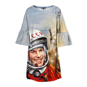 Детское платье 3D с принтом Гагарин 8 в Кировске, 100% полиэстер | прямой силуэт, чуть расширенный к низу. Круглая горловина, на рукавах — воланы | 12 апреля | гагарин | день космонавтики | космонавт | космонавтика | космос | юра | юрий