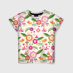Детская футболка 3D с принтом Весенние настроение в Кировске, 100% гипоаллергенный полиэфир | прямой крой, круглый вырез горловины, длина до линии бедер, чуть спущенное плечо, ткань немного тянется | весна | птицы | цветы