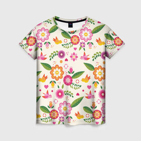 Женская футболка 3D с принтом Весенние настроение в Кировске, 100% полиэфир ( синтетическое хлопкоподобное полотно) | прямой крой, круглый вырез горловины, длина до линии бедер | весна | птицы | цветы