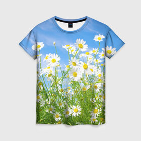 Женская футболка 3D с принтом Ромашки в Кировске, 100% полиэфир ( синтетическое хлопкоподобное полотно) | прямой крой, круглый вырез горловины, длина до линии бедер | луг | цветы