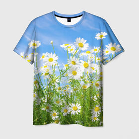 Мужская футболка 3D с принтом Ромашки в Кировске, 100% полиэфир | прямой крой, круглый вырез горловины, длина до линии бедер | луг | цветы