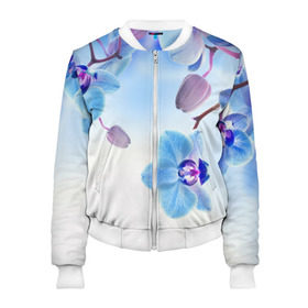 Женский бомбер 3D с принтом Голубая орхидея в Кировске, 100% полиэстер | застегивается на молнию, по бокам два кармана без застежек, мягкие манжеты, по низу бомбера и на воротнике — эластичная резинка | Тематика изображения на принте: голубая орхидея | красота | орхидеи | природа | цветок | цветочек | цветы