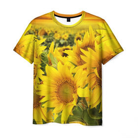 Мужская футболка 3D с принтом Подсолнухи в Кировске, 100% полиэфир | прямой крой, круглый вырез горловины, длина до линии бедер | Тематика изображения на принте: желтый | солнце | цветок | яркий