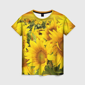Женская футболка 3D с принтом Подсолнухи в Кировске, 100% полиэфир ( синтетическое хлопкоподобное полотно) | прямой крой, круглый вырез горловины, длина до линии бедер | желтый | солнце | цветок | яркий