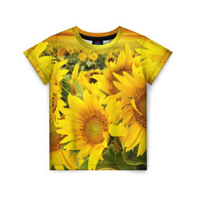 Детская футболка 3D с принтом Подсолнухи в Кировске, 100% гипоаллергенный полиэфир | прямой крой, круглый вырез горловины, длина до линии бедер, чуть спущенное плечо, ткань немного тянется | желтый | солнце | цветок | яркий