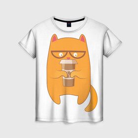 Женская футболка 3D с принтом Кот хипстер в Кировске, 100% полиэфир ( синтетическое хлопкоподобное полотно) | прямой крой, круглый вырез горловины, длина до линии бедер | арт | иллюстрация | кот | кофе | кофемания | пончик | хипстер