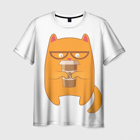 Мужская футболка 3D с принтом Кот хипстер в Кировске, 100% полиэфир | прямой крой, круглый вырез горловины, длина до линии бедер | арт | иллюстрация | кот | кофе | кофемания | пончик | хипстер