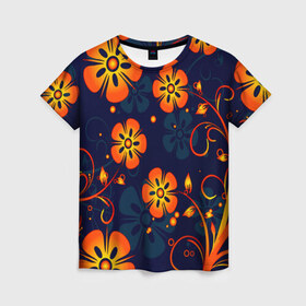 Женская футболка 3D с принтом Хохлома в Кировске, 100% полиэфир ( синтетическое хлопкоподобное полотно) | прямой крой, круглый вырез горловины, длина до линии бедер | черный фон | яркий