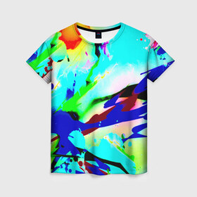 Женская футболка 3D с принтом Цветные краски в Кировске, 100% полиэфир ( синтетическое хлопкоподобное полотно) | прямой крой, круглый вырез горловины, длина до линии бедер | абстракция красок | гранж | краска | разводы | текстуры | цветные