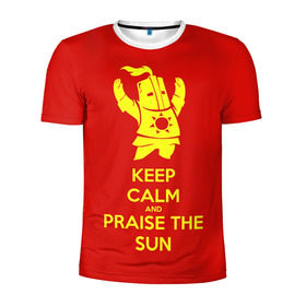 Мужская футболка 3D спортивная с принтом Keep calm and praise the sun в Кировске, 100% полиэстер с улучшенными характеристиками | приталенный силуэт, круглая горловина, широкие плечи, сужается к линии бедра | Тематика изображения на принте: dark souls