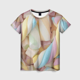 Женская футболка 3D с принтом Зефир в Кировске, 100% полиэфир ( синтетическое хлопкоподобное полотно) | прямой крой, круглый вырез горловины, длина до линии бедер | candy | еда | зефир | конфеты | мармелад | сладкое