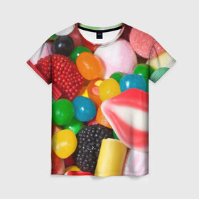 Женская футболка 3D с принтом Сладости в Кировске, 100% полиэфир ( синтетическое хлопкоподобное полотно) | прямой крой, круглый вырез горловины, длина до линии бедер | candy | еда | конфеты | мармелад | сладкое