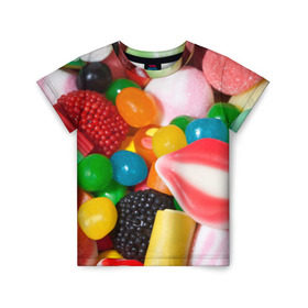 Детская футболка 3D с принтом Сладости в Кировске, 100% гипоаллергенный полиэфир | прямой крой, круглый вырез горловины, длина до линии бедер, чуть спущенное плечо, ткань немного тянется | Тематика изображения на принте: candy | еда | конфеты | мармелад | сладкое