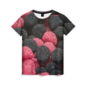 Женская футболка 3D с принтом Ягодки в Кировске, 100% полиэфир ( синтетическое хлопкоподобное полотно) | прямой крой, круглый вырез горловины, длина до линии бедер | candy | vegan | веган | вегетарианство | еда | конфеты | мармелад | сладкое
