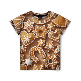 Детская футболка 3D с принтом печенье в Кировске, 100% гипоаллергенный полиэфир | прямой крой, круглый вырез горловины, длина до линии бедер, чуть спущенное плечо, ткань немного тянется | christmas | cookies | decoration | merry | xmas | выпечка | глазурь | новый год | рождество | сладко
