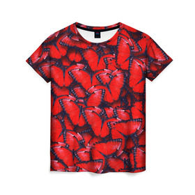 Женская футболка 3D с принтом Бабочки в Кировске, 100% полиэфир ( синтетическое хлопкоподобное полотно) | прямой крой, круглый вырез горловины, длина до линии бедер | красная