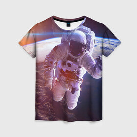 Женская футболка 3D с принтом Космонавт в Кировске, 100% полиэфир ( синтетическое хлопкоподобное полотно) | прямой крой, круглый вырез горловины, длина до линии бедер | галактика | звезды | земля | космонавт | космос