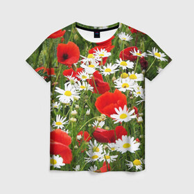 Женская футболка 3D с принтом Полевые цветы 2 в Кировске, 100% полиэфир ( синтетическое хлопкоподобное полотно) | прямой крой, круглый вырез горловины, длина до линии бедер | поле | полевые цветы | цветы