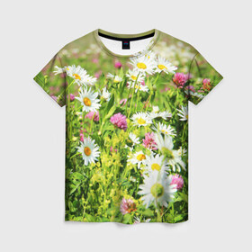 Женская футболка 3D с принтом Полевые цветы 3 в Кировске, 100% полиэфир ( синтетическое хлопкоподобное полотно) | прямой крой, круглый вырез горловины, длина до линии бедер | поле | полевые цветы | цветы