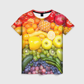 Женская футболка 3D с принтом Плоды в Кировске, 100% полиэфир ( синтетическое хлопкоподобное полотно) | прямой крой, круглый вырез горловины, длина до линии бедер | овощи | фрукты | ягоды
