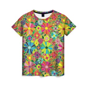 Женская футболка 3D с принтом Узор из цветов в Кировске, 100% полиэфир ( синтетическое хлопкоподобное полотно) | прямой крой, круглый вырез горловины, длина до линии бедер | паттерн | разноцветный | рстительный