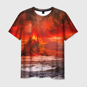 Мужская футболка 3D с принтом Вулкан в Кировске, 100% полиэфир | прямой крой, круглый вырез горловины, длина до линии бедер | взрыв | вулкан | извержение | красная | лава | море