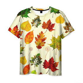 Мужская футболка 3D с принтом Осень в Кировске, 100% полиэфир | прямой крой, круглый вырез горловины, длина до линии бедер | листва | листья | осень | оформление | пёстрые листочки | слой | текстура | трайбл | узор | фон