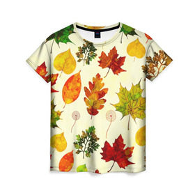 Женская футболка 3D с принтом Осень в Кировске, 100% полиэфир ( синтетическое хлопкоподобное полотно) | прямой крой, круглый вырез горловины, длина до линии бедер | листва | листья | осень | оформление | пёстрые листочки | слой | текстура | трайбл | узор | фон