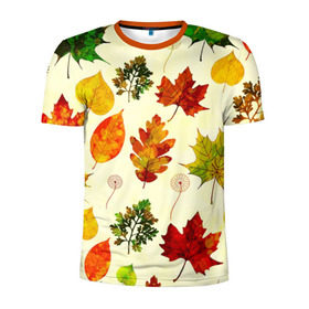 Мужская футболка 3D спортивная с принтом Осень в Кировске, 100% полиэстер с улучшенными характеристиками | приталенный силуэт, круглая горловина, широкие плечи, сужается к линии бедра | листва | листья | осень | оформление | пёстрые листочки | слой | текстура | трайбл | узор | фон