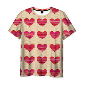 Мужская футболка 3D с принтом Шерстяные сердечки в Кировске, 100% полиэфир | прямой крой, круглый вырез горловины, длина до линии бедер | вязание | вязаный | паттерн | текстура | узор