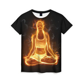 Женская футболка 3D с принтом Пламенная медитация в Кировске, 100% полиэфир ( синтетическое хлопкоподобное полотно) | прямой крой, круглый вырез горловины, длина до линии бедер | аштанга | здоровье | зож | йога | кундалини | лотос | медитация | огонь | пламя | силуэт | спорт | страсть | тонус