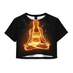 Женская футболка 3D укороченная с принтом Пламенная медитация в Кировске, 100% полиэстер | круглая горловина, длина футболки до линии талии, рукава с отворотами | аштанга | здоровье | зож | йога | кундалини | лотос | медитация | огонь | пламя | силуэт | спорт | страсть | тонус