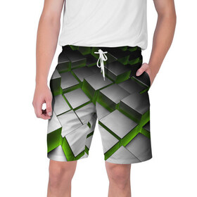 Мужские шорты 3D с принтом Куб в Кировске,  полиэстер 100% | прямой крой, два кармана без застежек по бокам. Мягкая трикотажная резинка на поясе, внутри которой широкие завязки. Длина чуть выше колен | зеленая | квадрат | куб | текстуры