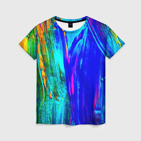 Женская футболка 3D с принтом Разводы красок в Кировске, 100% полиэфир ( синтетическое хлопкоподобное полотно) | прямой крой, круглый вырез горловины, длина до линии бедер | абстракция | абстракция красок | краска | цветные
