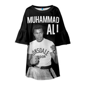 Детское платье 3D с принтом Muhammad Ali в Кировске, 100% полиэстер | прямой силуэт, чуть расширенный к низу. Круглая горловина, на рукавах — воланы | Тематика изображения на принте: ali | boxing | muhammad ali |   |  muhammad |  бокс | али | боксер | мухамад. мухаммад | мухаммед | мухаммед али