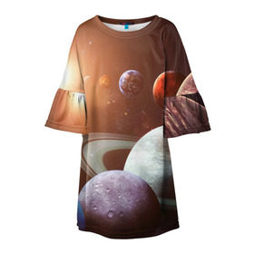 Детское платье 3D с принтом Планеты солнечной системы в Кировске, 100% полиэстер | прямой силуэт, чуть расширенный к низу. Круглая горловина, на рукавах — воланы | венера | звезды | земля | космос | марс | меркурий | сатурн | солнце | уран | юпитер