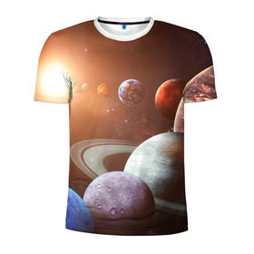 Мужская футболка 3D спортивная с принтом Планеты солнечной системы в Кировске, 100% полиэстер с улучшенными характеристиками | приталенный силуэт, круглая горловина, широкие плечи, сужается к линии бедра | Тематика изображения на принте: венера | звезды | земля | космос | марс | меркурий | сатурн | солнце | уран | юпитер