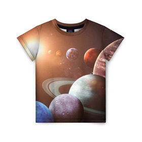 Детская футболка 3D с принтом Планеты солнечной системы в Кировске, 100% гипоаллергенный полиэфир | прямой крой, круглый вырез горловины, длина до линии бедер, чуть спущенное плечо, ткань немного тянется | венера | звезды | земля | космос | марс | меркурий | сатурн | солнце | уран | юпитер