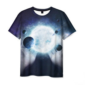 Мужская футболка 3D с принтом Солнечная система на ладонях в Кировске, 100% полиэфир | прямой крой, круглый вырез горловины, длина до линии бедер | вселенная | галактика | звезды | планеты | солнце | туманность