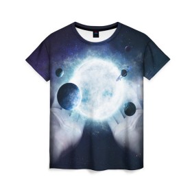 Женская футболка 3D с принтом Солнечная система на ладонях в Кировске, 100% полиэфир ( синтетическое хлопкоподобное полотно) | прямой крой, круглый вырез горловины, длина до линии бедер | вселенная | галактика | звезды | планеты | солнце | туманность